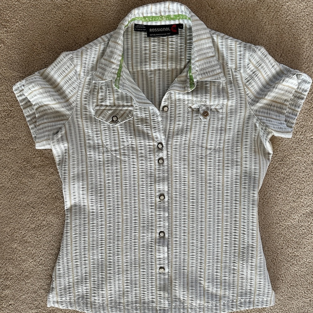 Rossignol Women's White and Gray Striped Button Down Shirt